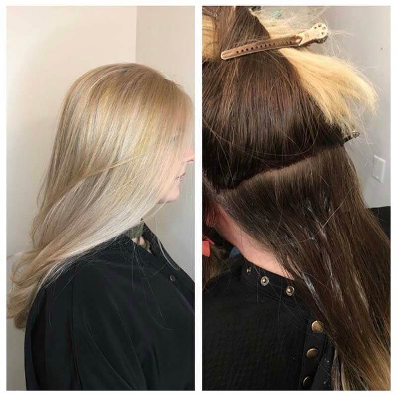 Hair color transformation: blonde hair on the left, dark brown hair being colored on the right.