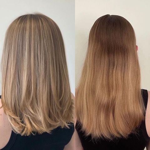 Back view of shoulder-length blonde hair before and after styling, showing smoother, straighter ends