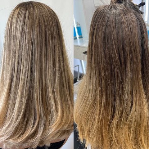 Side-by-side hair color comparison: blonde highlights before and warm brunette balayage after.