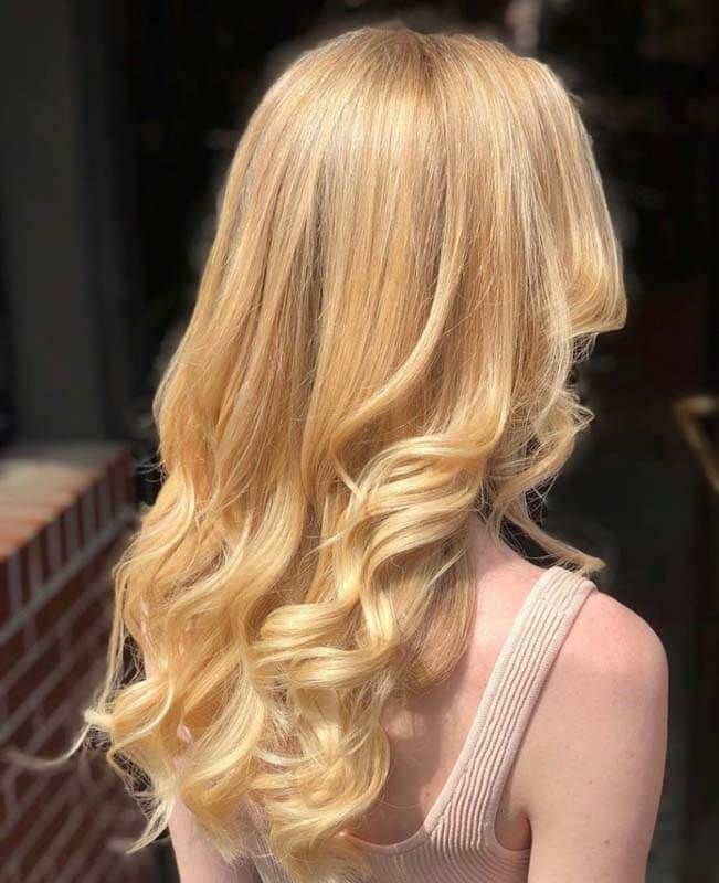 Blonde curly hairstyle shown from the back, with soft waves cascading over the shoulders.