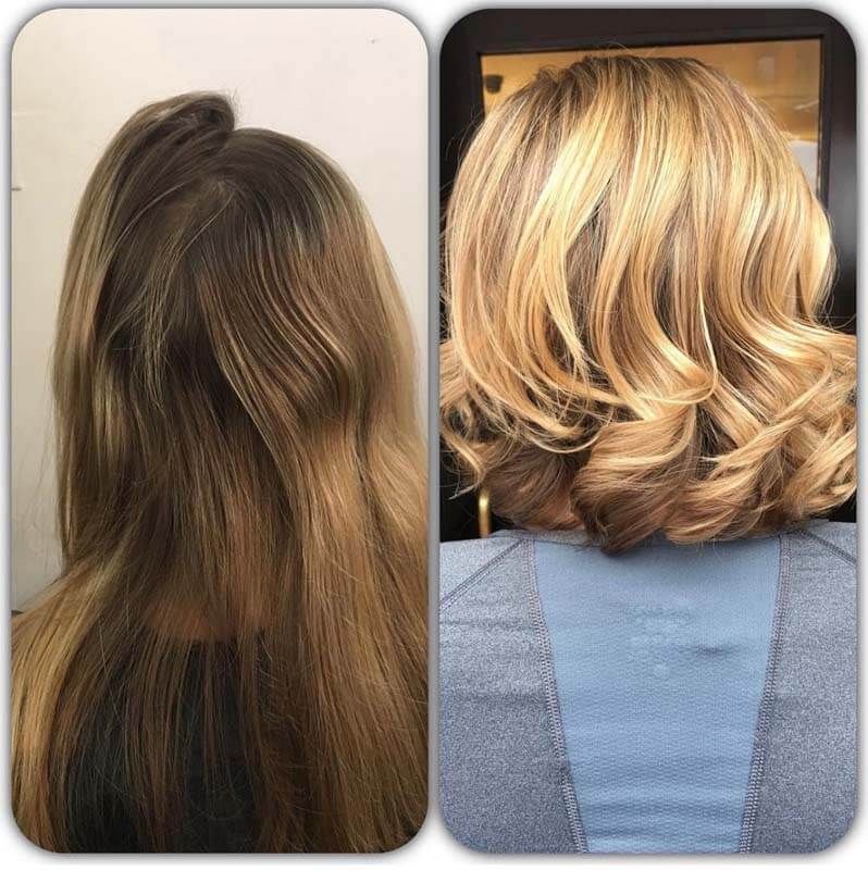 Side-by-side hair transformation: long brown hair to shoulder-length blonde curls.