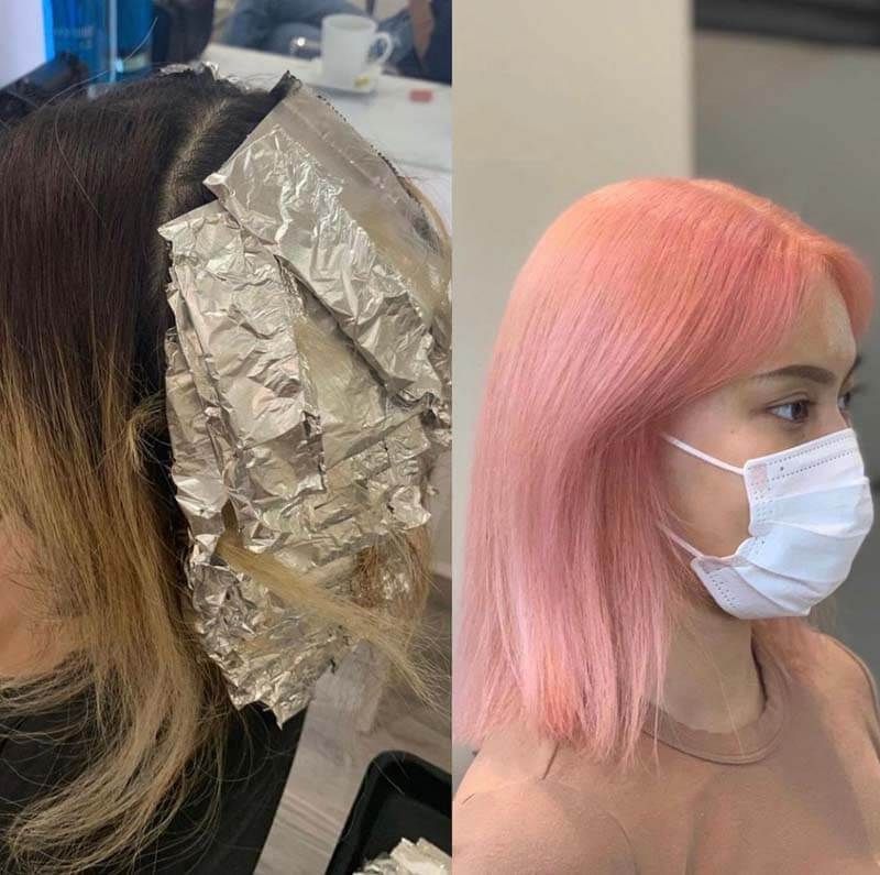 Before-and-after hair coloring: foil highlights on the left, pastel pink bob on the right.