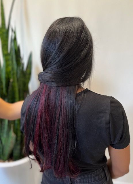 Person with long black hair and burgundy ends, seen from behind