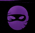 Purple ninja face icon on a black background, with a mask and narrow eyes.