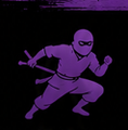 Purple ninja silhouette in a crouched fighting pose holding a sword against a dark background.