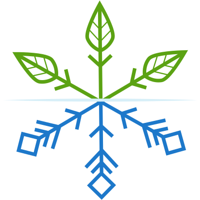 Green leaves above, blue snowflake below, separated by a horizontal line, symbolizing seasons or environmental balance.