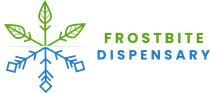 Logo for Frostbite Dispensary: a green and blue design of a marijuana leaf and snowflake. Text reads “FROSTBITE DISPENSARY”.