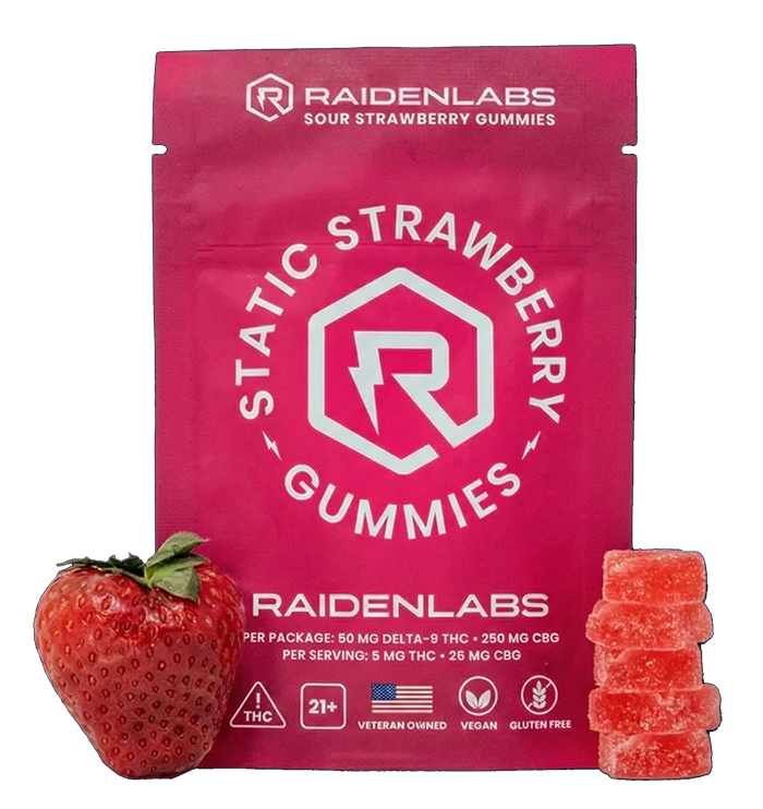 Pink RaidenLabs gummy bag, strawberry, and stacked gummies. Text: 