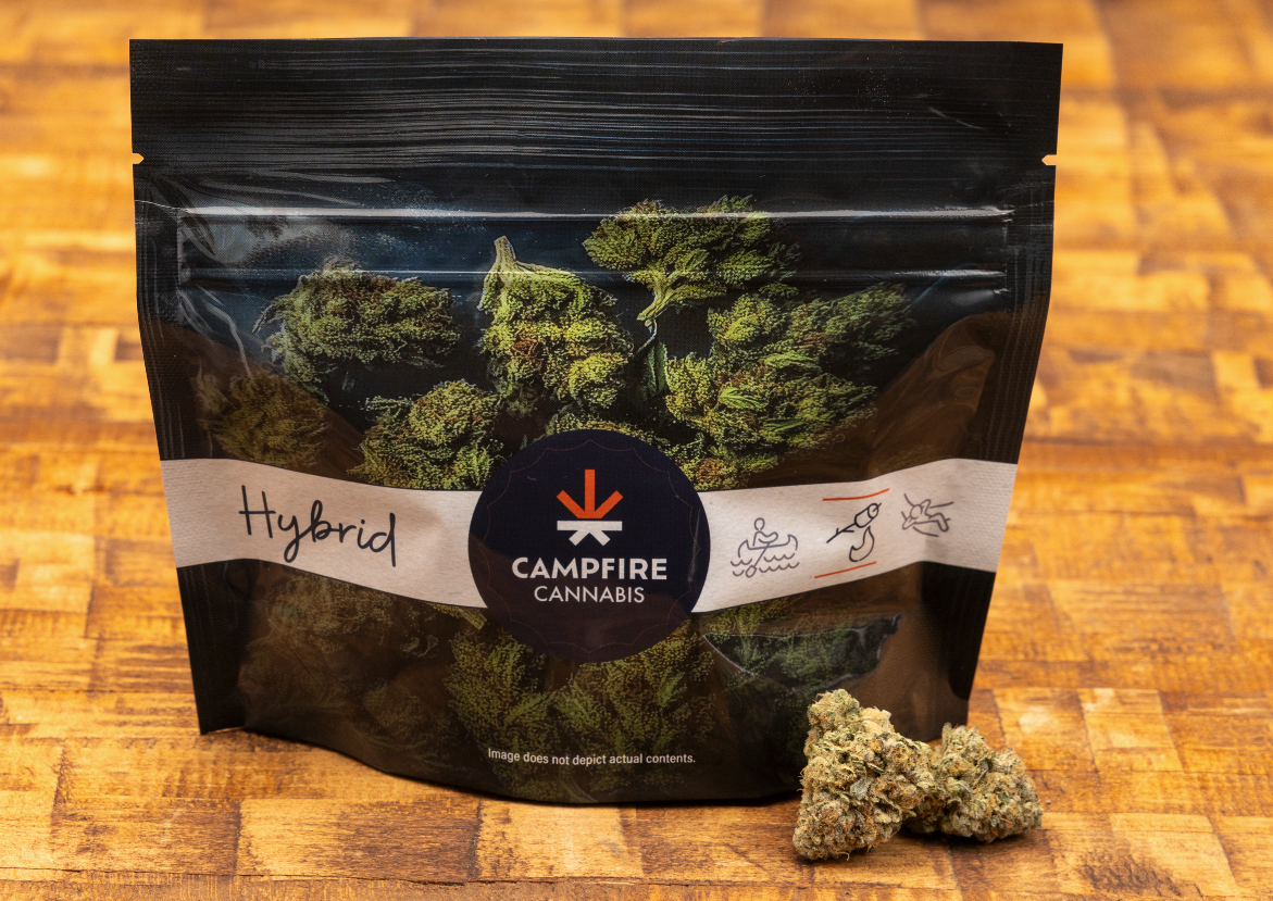 cannabis package that reads as a hybrid product from Campfire Cannabis