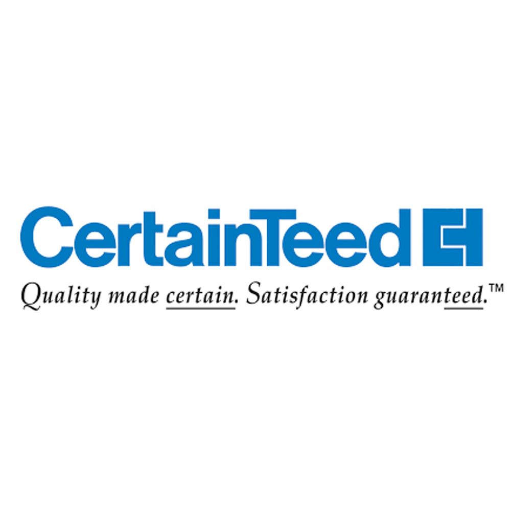 CertainTeed logo with blue text and a graphic, tagline: 