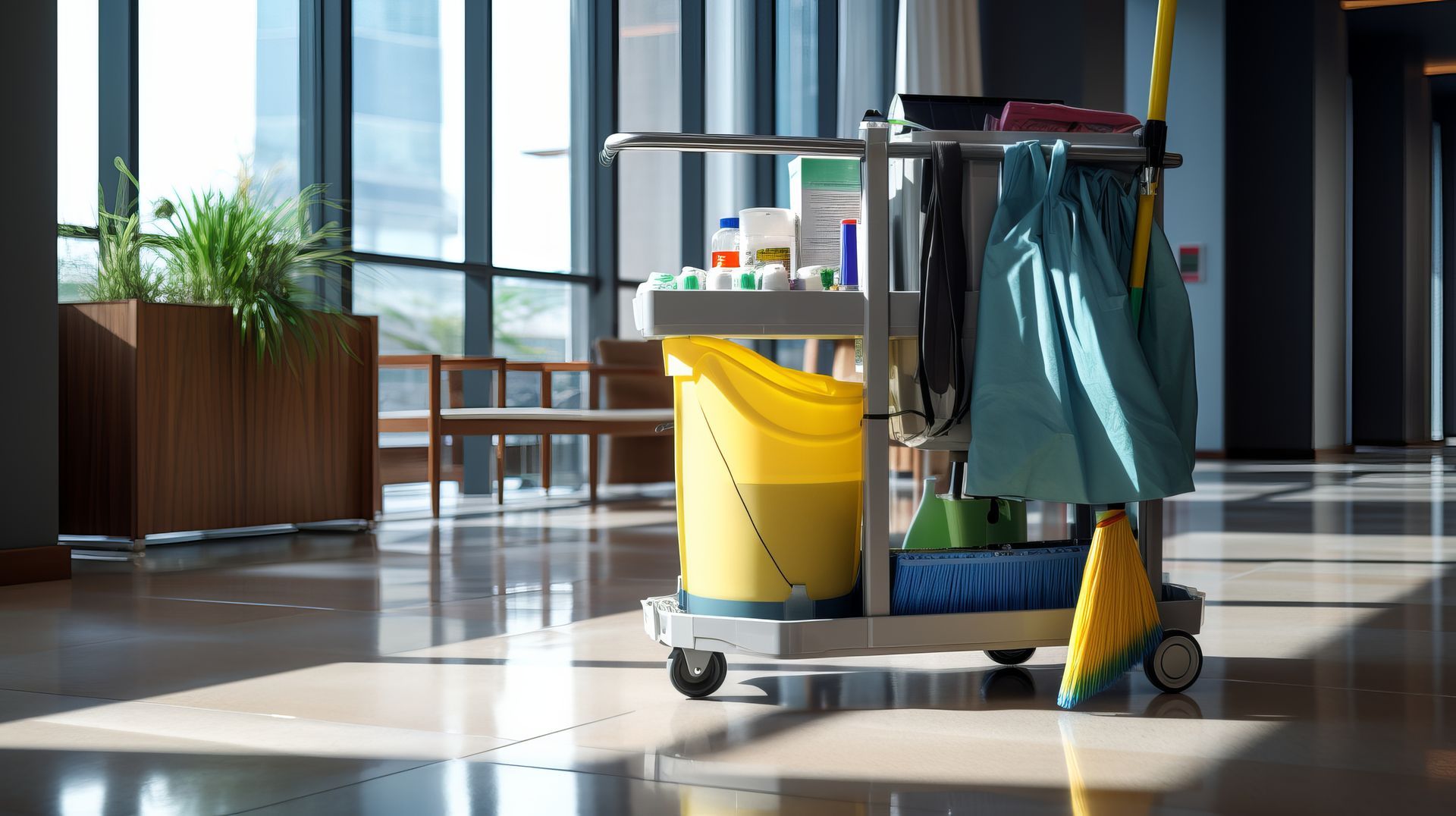 Cleaning cart with mop, yellow bucket, and supplies in a bright office lobby by large windows