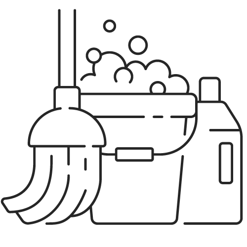 Cleaning supplies icon: broom, soap bubbles, bucket, and spray bottle