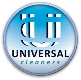 Universal Cleaners logo in blue circle with stylized white and black lettering
