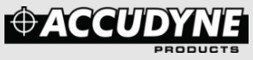 Logo d'Accudyne Products en noir et blanc avec une icône de cible circulaire