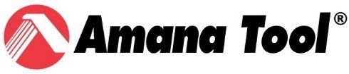 Logo Amana Tool avec icône de lame de scie circulaire rouge et texte noir