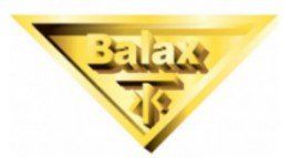 Logo Balax triangulaire doré avec lettrage et emblème noirs