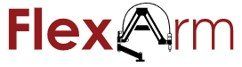 Logo FlexArm avec texte rouge et un bras robotique noir formant la lettre A