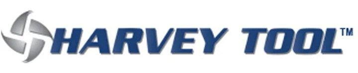 Logo Harvey Tool en bleu et gris avec un emblème circulaire.