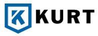 Logo KURT avec un K bleu en forme de bouclier et du texte noir sur fond blanc