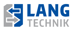 Logo de LANG Technik avec texte bleu et gris et icône de flèche abstraite