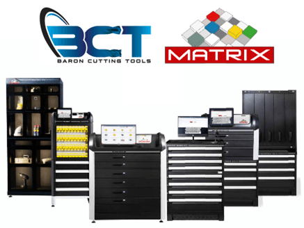 Logo BCT Matrix au-dessus d'armoires à outils, de tiroirs et de coffres de rangement noirs sur fond blanc