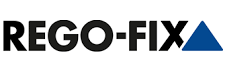 Logo REGO-FIX en noir avec une icône triangulaire bleue