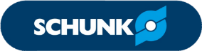 Logo SCHUNK en blanc sur un rectangle bleu foncé arrondi avec une icône bleue.