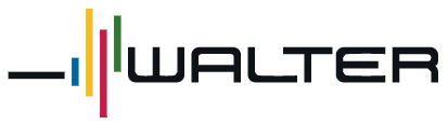Logo WALTER avec texte noir et barres verticales colorées sur fond blanc