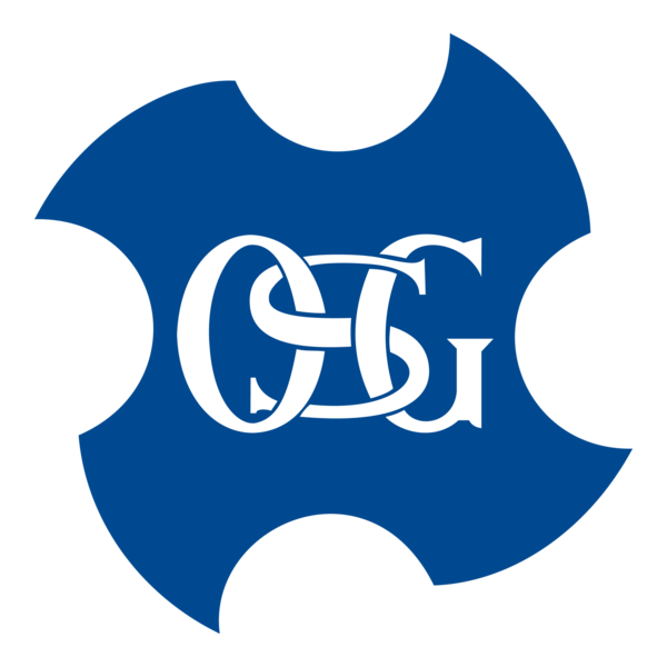 Initiales blanches « CSG » sur un emblème abstrait bleu avec quatre découpes courbes.