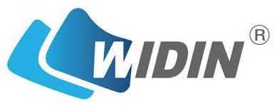 Logo WIDIN en bleu et gris avec icône incurvée stylisée et symbole de marque déposée