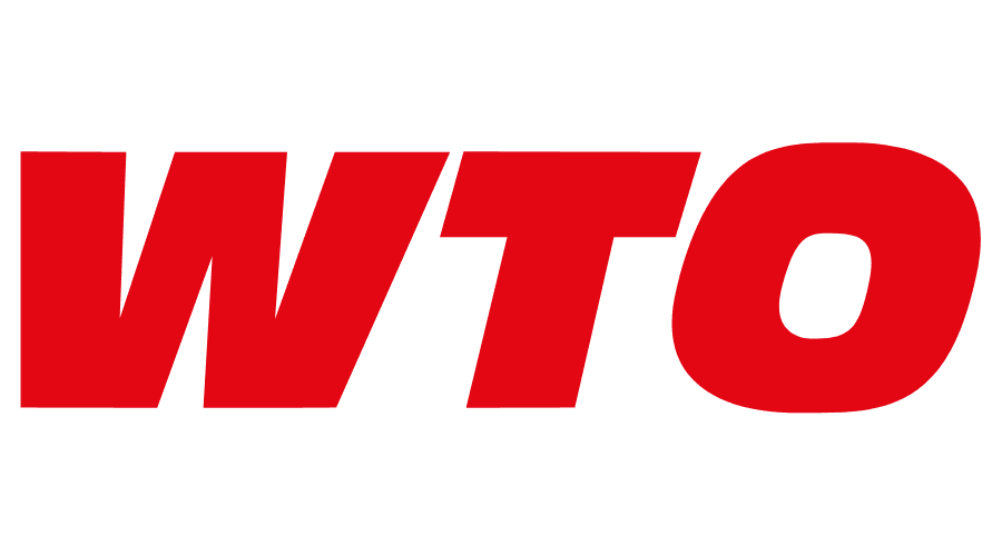 Logo rouge de l'OMC en caractères gras italiques sur fond blanc