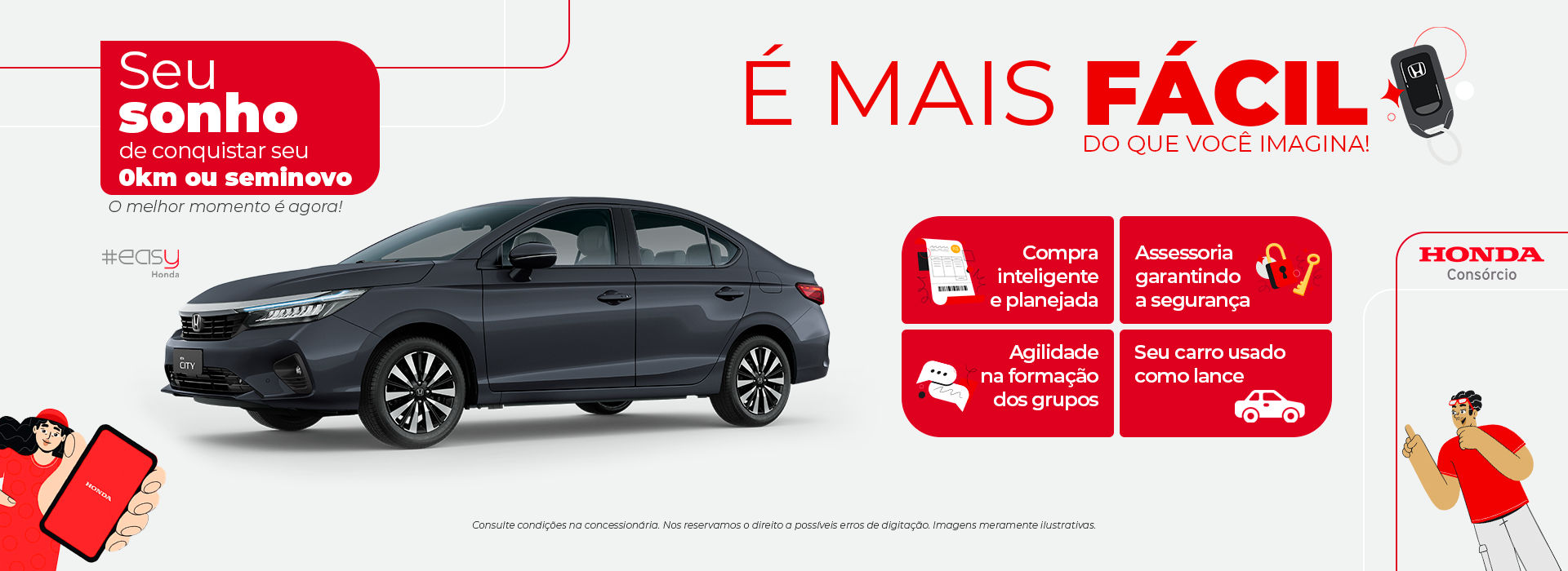 Honda car ad with red SUV, R$ 1.567,33 offer, and “É mais fácil” text on white background