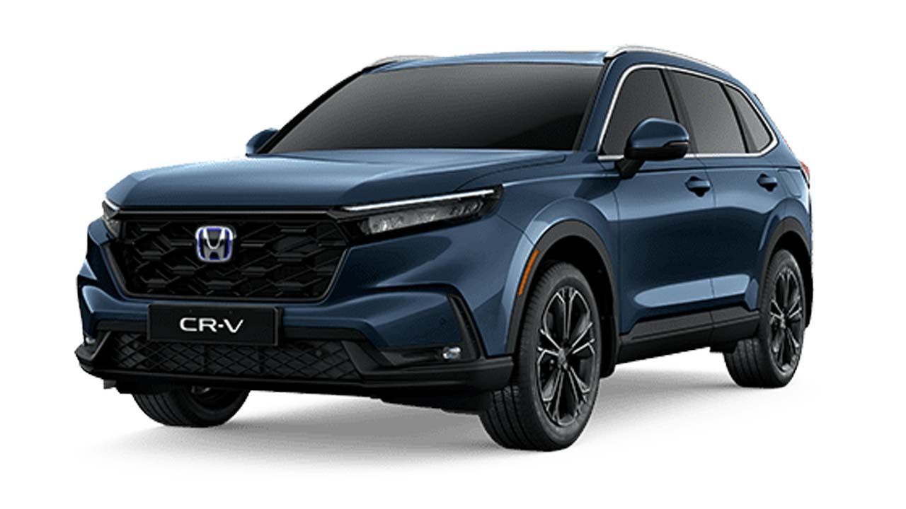 SUV Honda CR-V azul-escuro sobre fundo branco, vista frontal esquerda em ângulo.