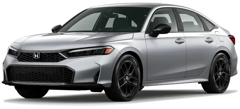 Honda Civic sedan prata com rodas pretas.