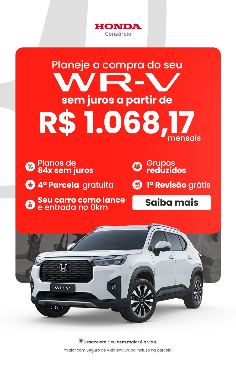 Promo da Honda para o SUV WR-V branco, a partir de R$ 1.068,17, com “Saiba mais” e carro em destaque.