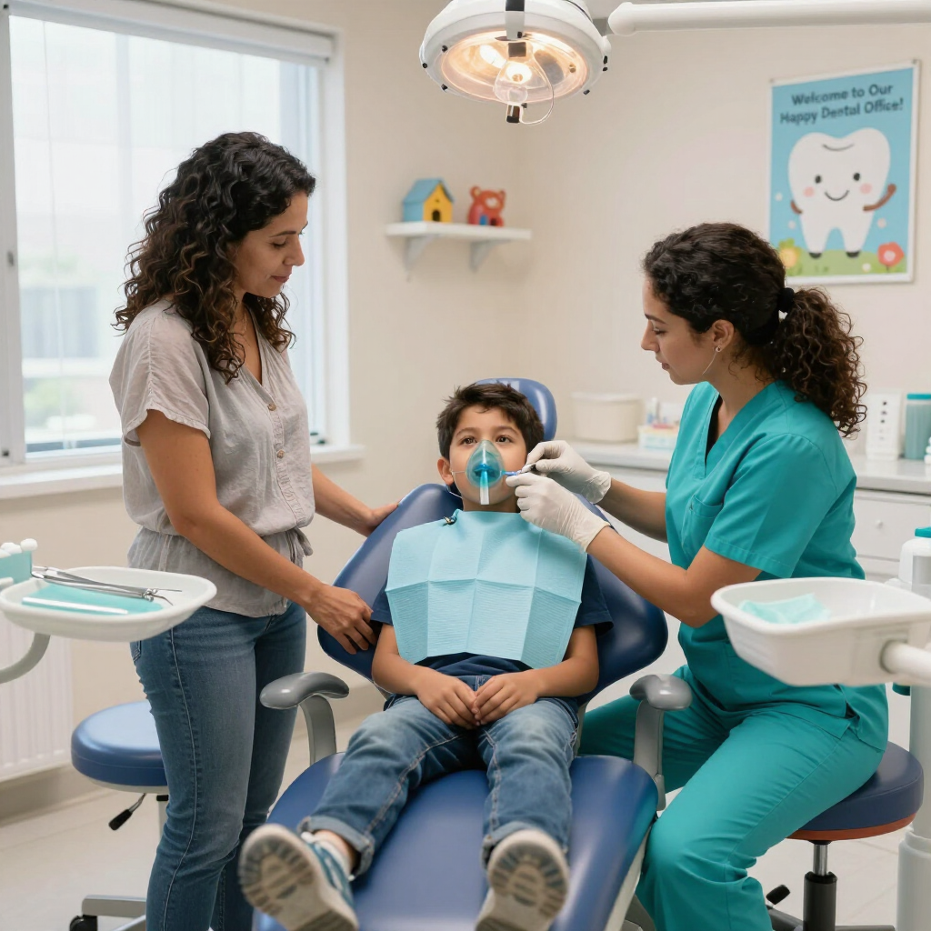 Child at dentist with mask, seated in dental chair as two dental staff assist in a bright clinic room