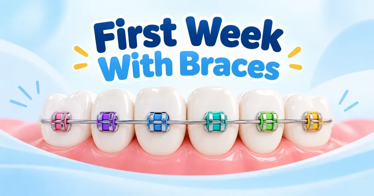 Illustration of six teeth with colored braces brackets on a wire, titled First Week With Braces