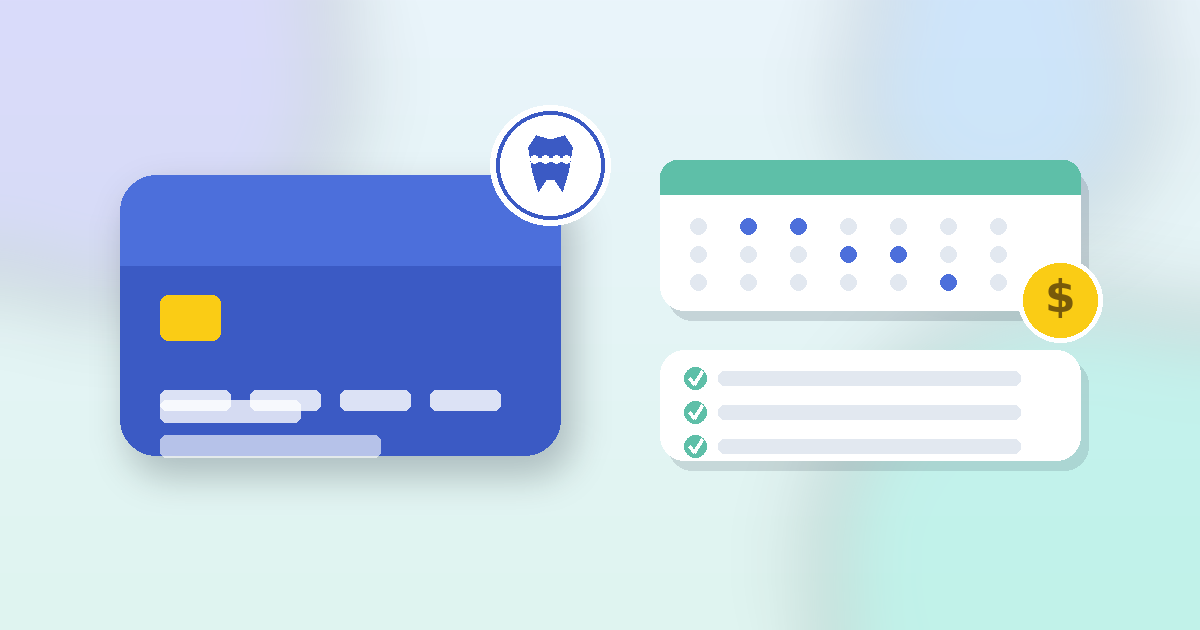 Icons showing a payment card, monthly payment calendar, and checklist for orthodontic insurance and financing at Kids Dental Castle.