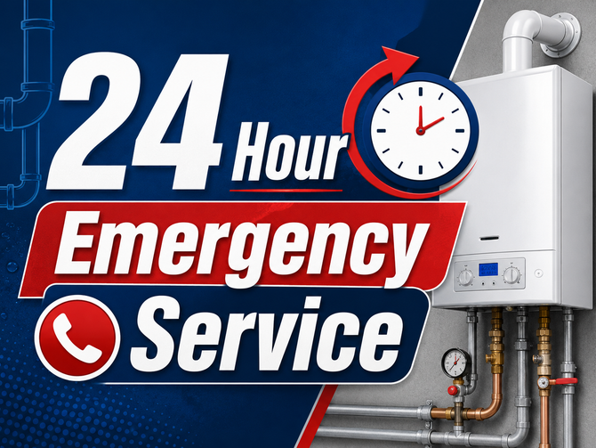 24-hour emergency service ad with boiler, clock, and red call icon on blue background