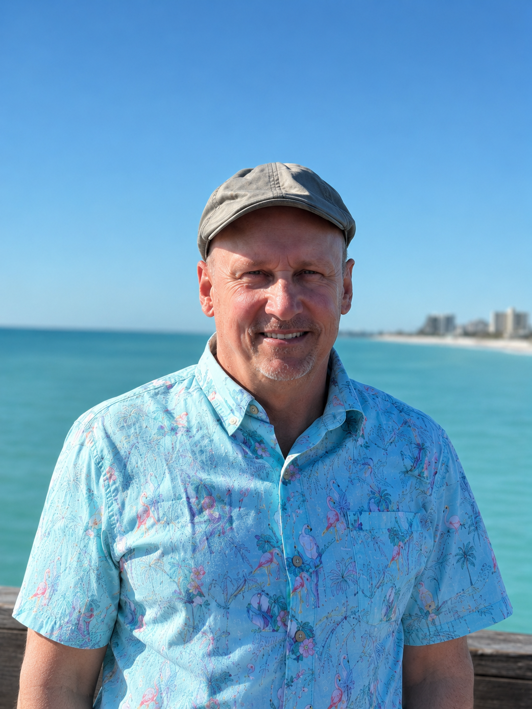 Man smiling on a beach with turquoise water and blue sky, wearing a light blue patterned shirt and cap