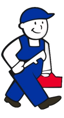 Cartoon worker in blue uniform and cap walking while carrying a red toolbox