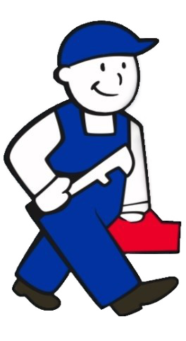 Cartoon worker in blue uniform and cap walking while carrying a red toolbox