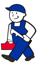 Cartoon worker in blue overalls and cap carrying a red toolbox while walking.