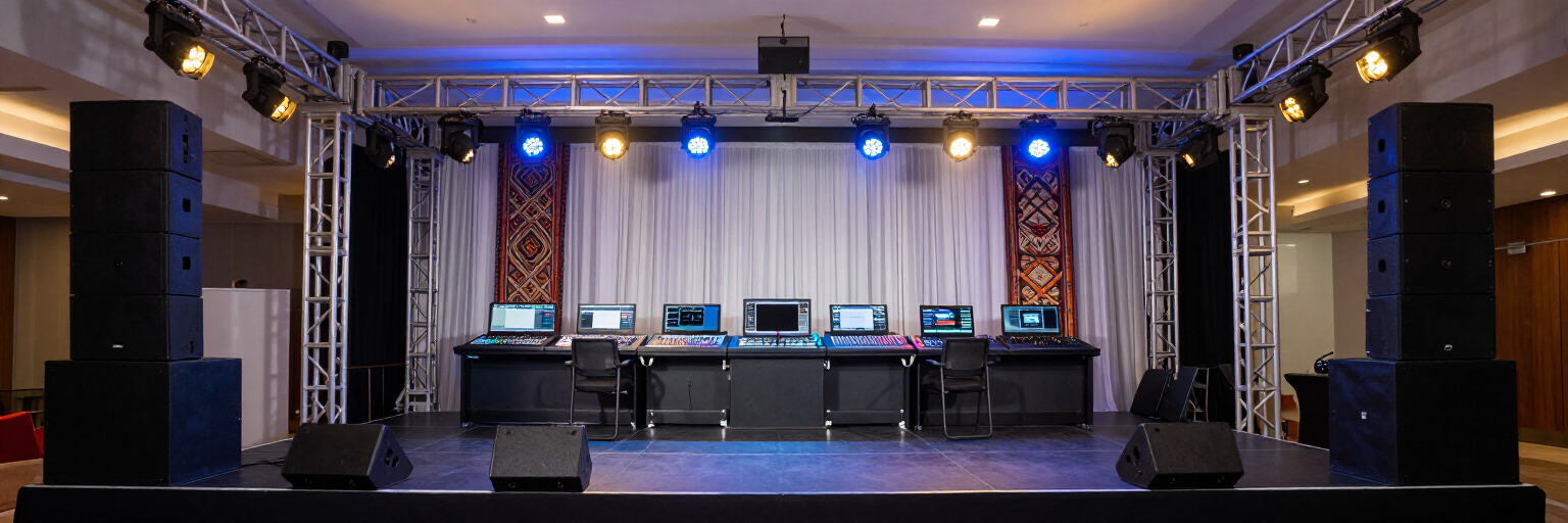 Escenario para conciertos con luces azules y ámbar, pantallas, altavoces y equipo de DJ instalado en un recinto.
