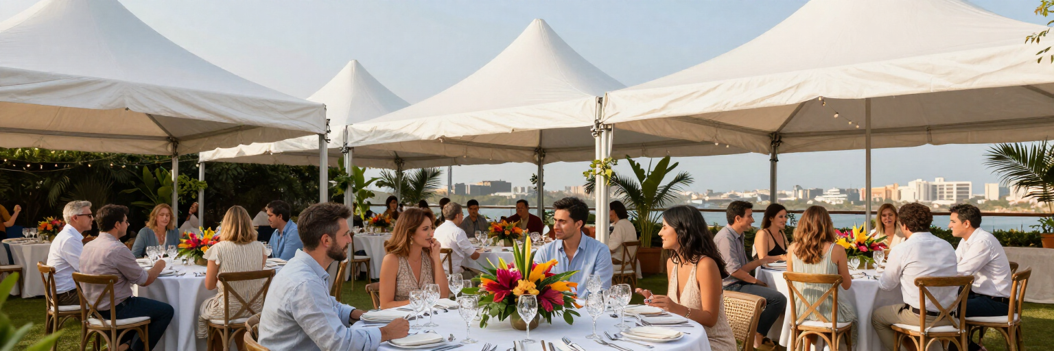 Invitados cenando al aire libre bajo carpas blancas en una recepción decorada.