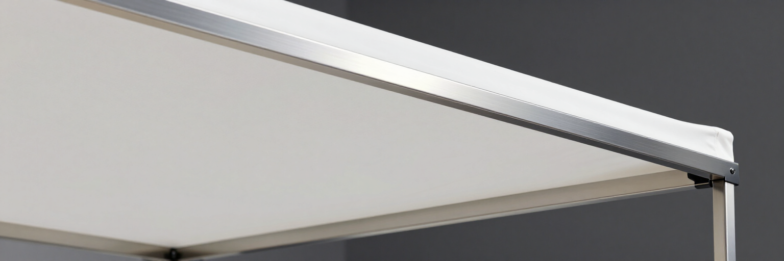 Primer plano de un toldo metálico blanco y gris con estructura de soporte en las esquinas.