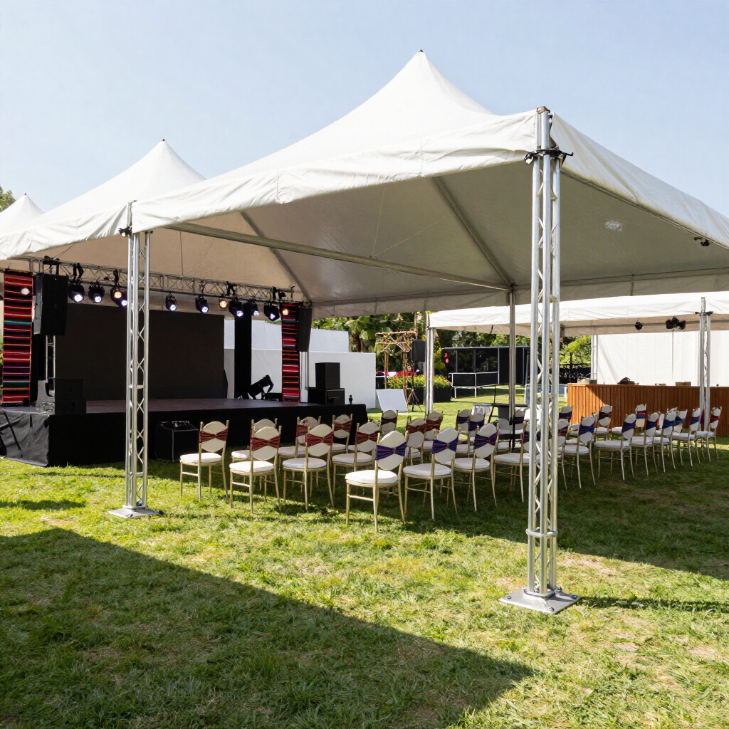 Carpa para eventos al aire libre con filas de sillas y un escenario en un césped.