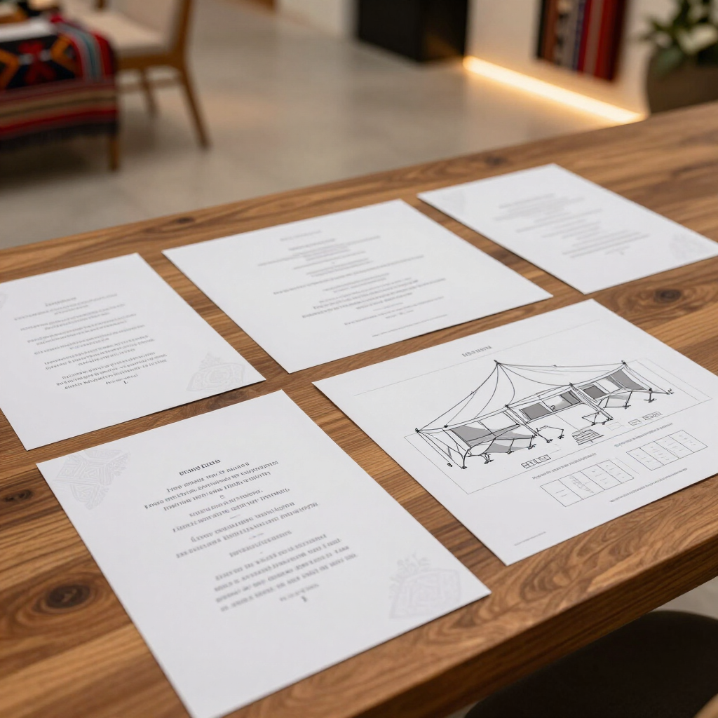 Cinco páginas impresas dispuestas sobre una mesa de madera, una de ellas con un dibujo técnico.