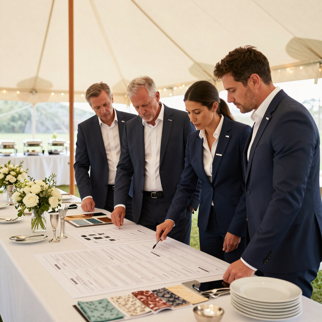 Cuatro profesionales vestidos de traje revisan gráficos sobre una mesa en una carpa de eventos muy luminosa.