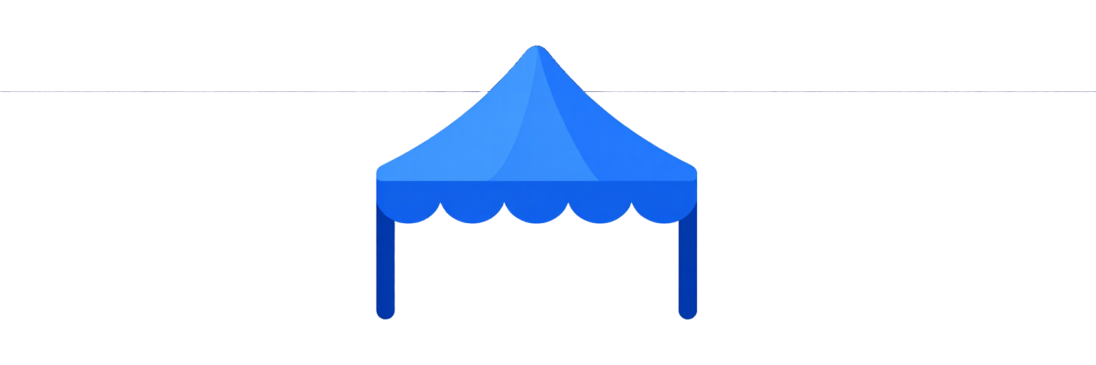 Icono de carpa de circo a rayas azules con parte superior puntiaguda y dosel festoneado.